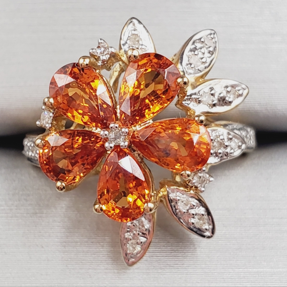 10k Solid Yellow Gold Genuine Spessartite Mandarin Garnet & Diamond Flower Ring
